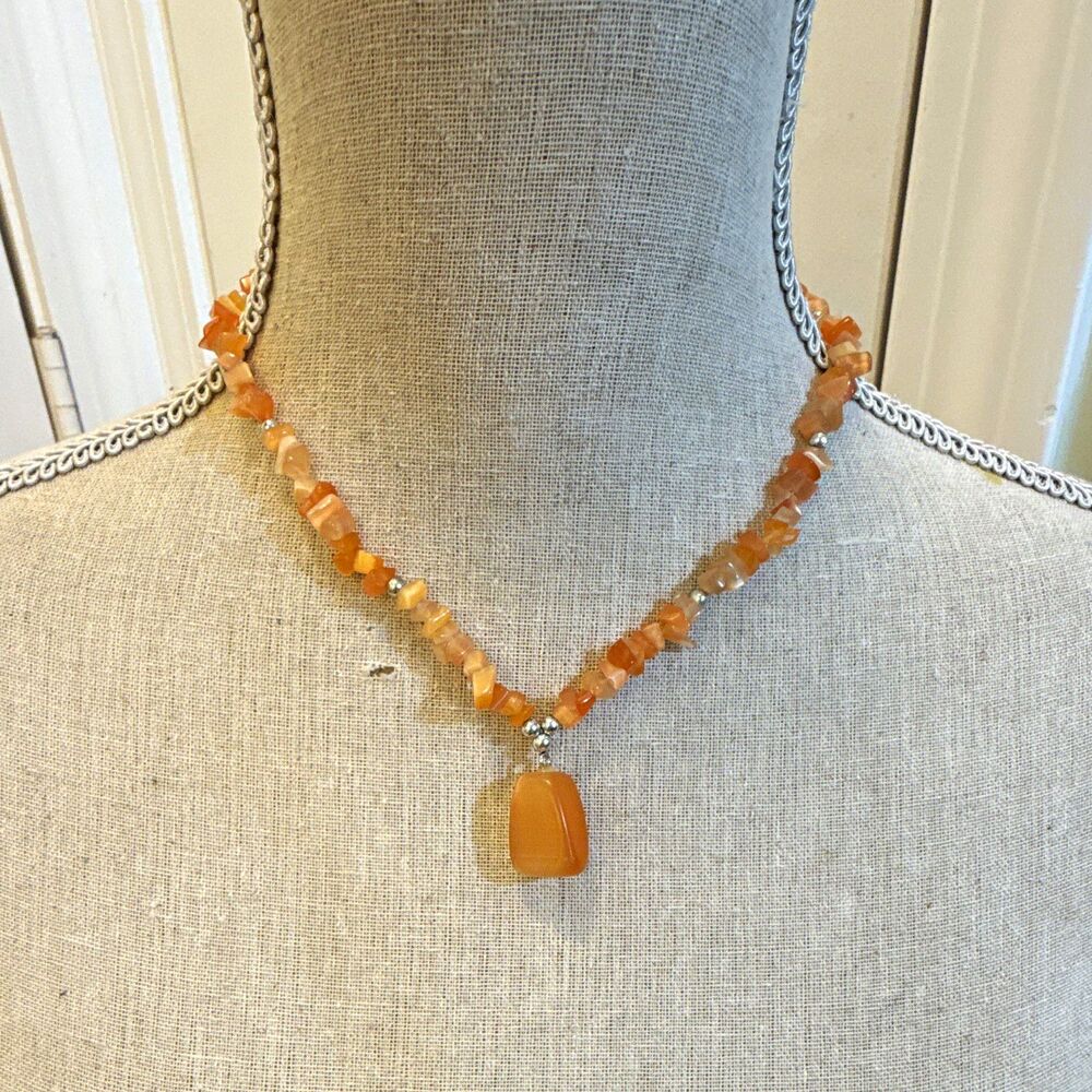 Orange Agate Gemstone Chip Beaded Necklace w Asymmetrical Charm Pendant